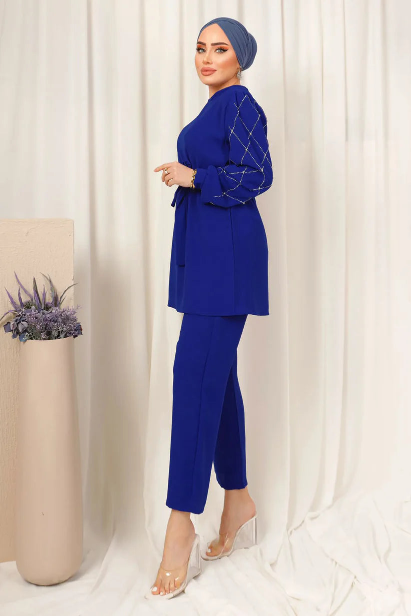 Winter Blue Diamond Printed Long Sleeves 2-Piece Co-Ord Set