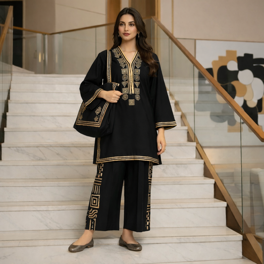 Black Printed Stitched 2pc With Free Bag