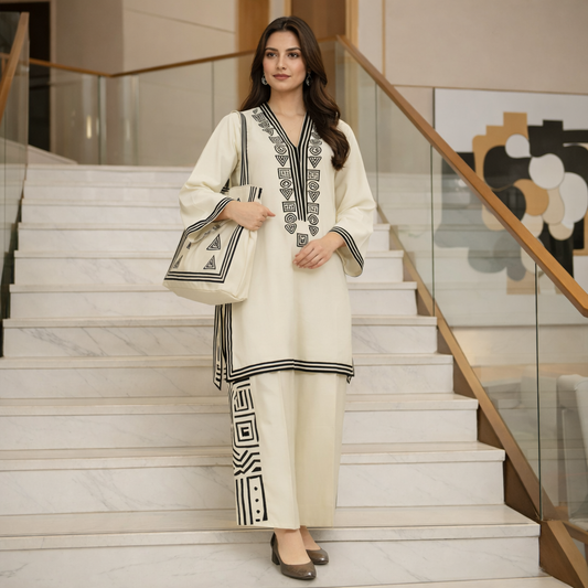 White Printed Stitched 2pc With Free Bag