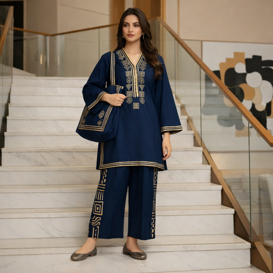 Blue Printed Stitched 2pc With Free Bag