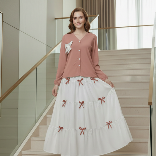 Pinkish White Stylish Imported Bow Skirt and Shirt 2pc