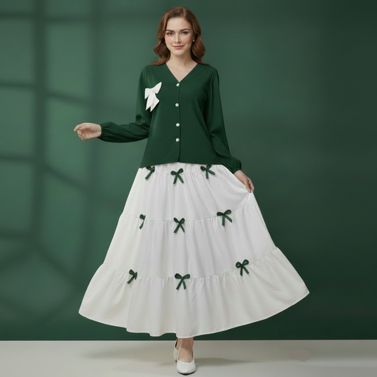 Dark Green White Stylish Imported Bow Skirt and Shirt 2pc