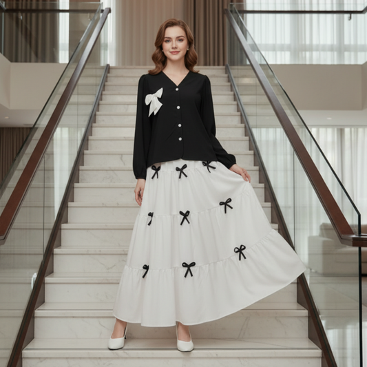 Black White Stylish Imported Bow Skirt and Shirt 2pc