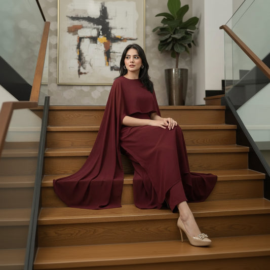 Maroon Chiffon Cape Flora Maxi with Trouser