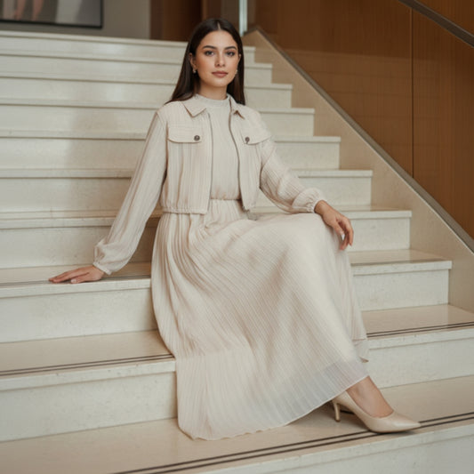 Elegant Off-White Pleated Co-ord Set: Zip-Up Cropped Jacket & Maxi Skirt