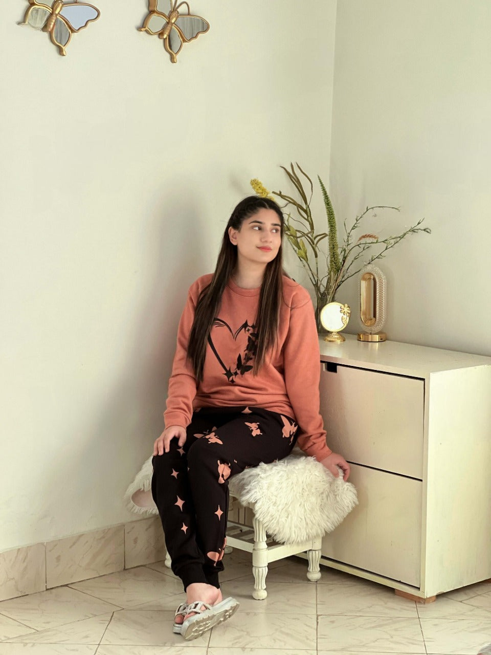 Winter Heart and Butterfly Printed Night Suit