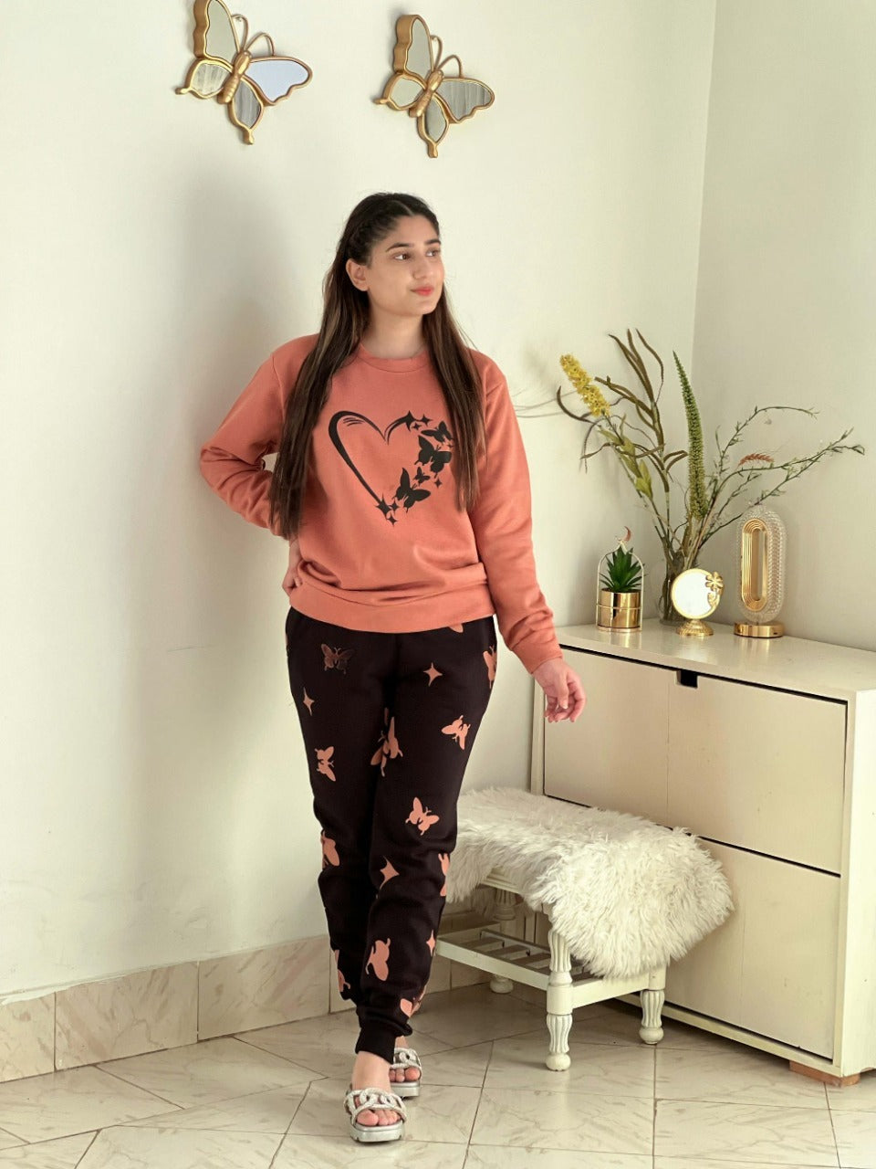 Winter Heart and Butterfly Printed Night Suit