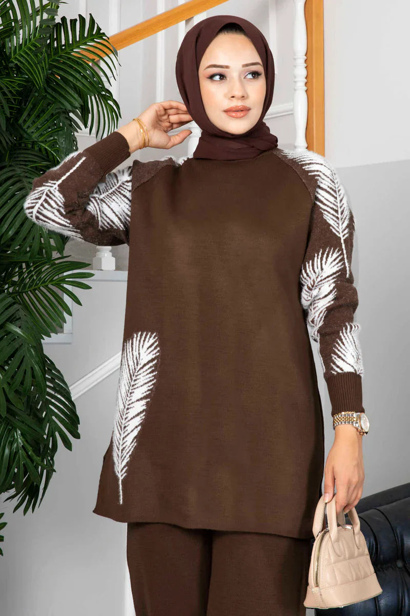 Winter Feather Printed Long Sleeves 2 PC Co-Ord Set